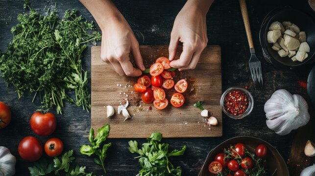 Culinary experts hands adding fresh ingredients on a dish emphasizing attention to detail in food presentation