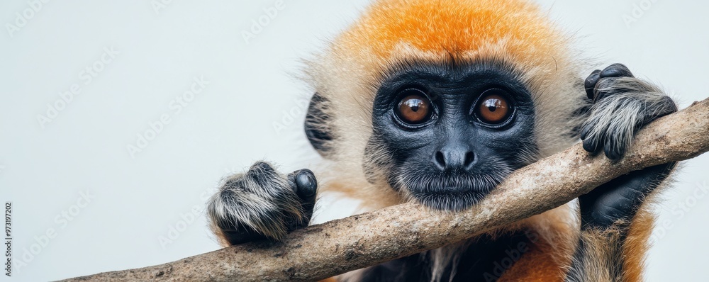 Poster close-up of langur monkey holding a tree branch, showcasing intricate details of its hands and expre
