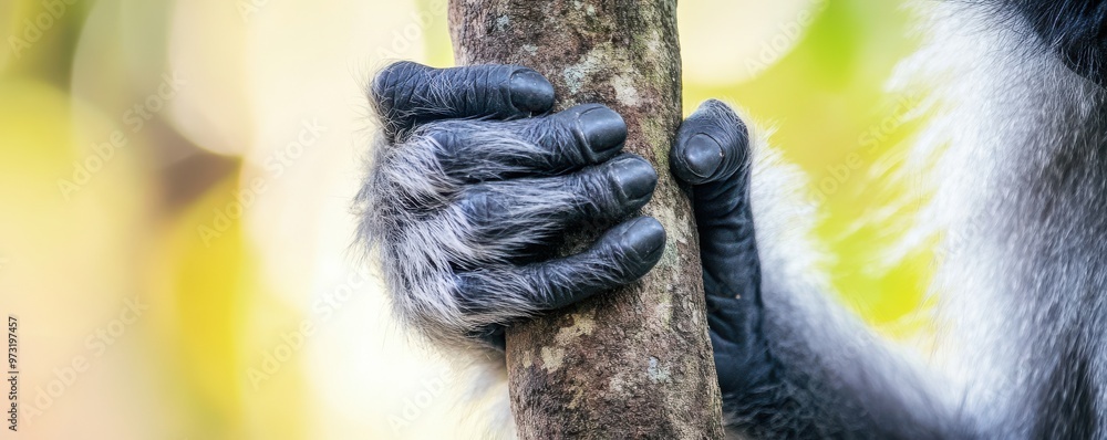 Poster close-up of a langur monkey's hands gripping a tree branch, showcasing intricate details of the fur 