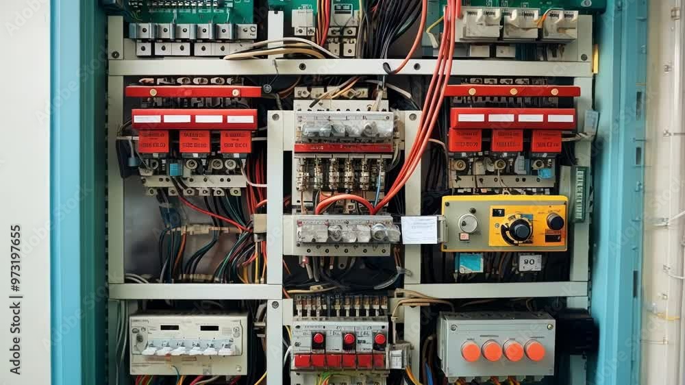 Poster old electrical cabinet with a complex network of colorful wires and various components is revealing 