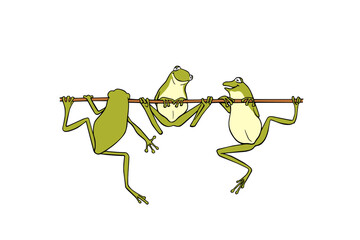 Vector illustration of hand drawn cute frogs having conversation on a branch . Beautiful design elements, ink drawing, funny illustration