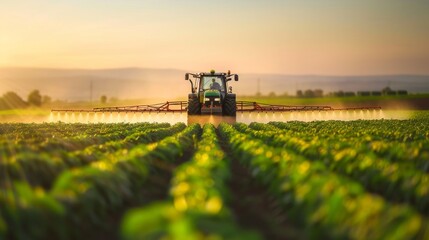 Farm tractor applying pesticide to crops with a high-tech sprayer, capturing the spray pattern and the lush greenery of the field being treated. Close-up photo with clean background