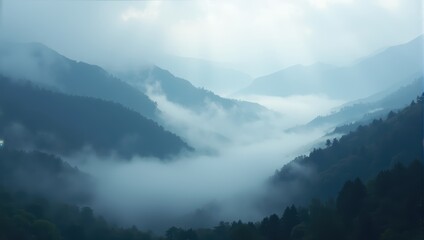 Misty Mountain Landscape with Fog and Trees