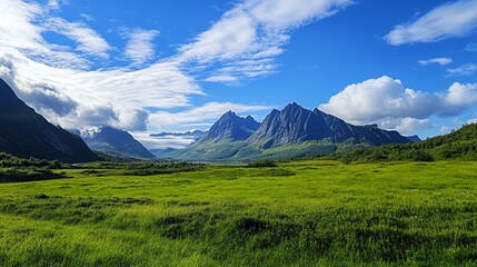 Fototapeta premium Green grassy field with mountains and blue sky in the background.