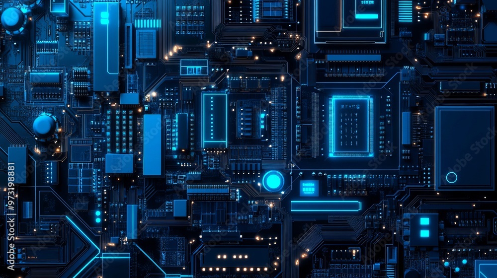 Poster advanced technology in blue on a dark backdrop. circuit boards, microchips, and processors. abstract