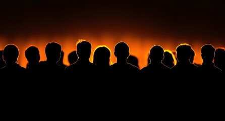 Fototapeta premium A crowd of people in silhouette against a black background, with warm light from the right side Generative AI