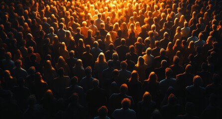 Obraz premium A large crowd of people silhouetted against the black background, illuminated by golden light from their faces and bodies Generative AI