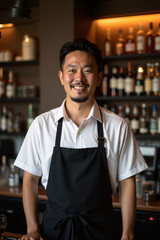 Fototapeta premium A handsome Asian male bartender wearing an apron stands behind the bar counter.