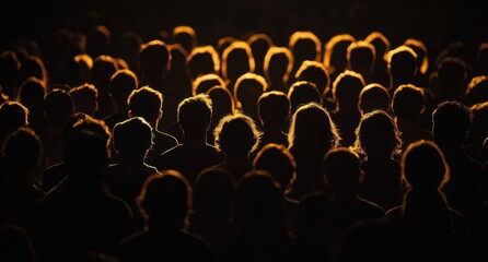 A crowd of people silhouetted against the black background, illuminated by warm golden light from their faces and bodies Generative AI