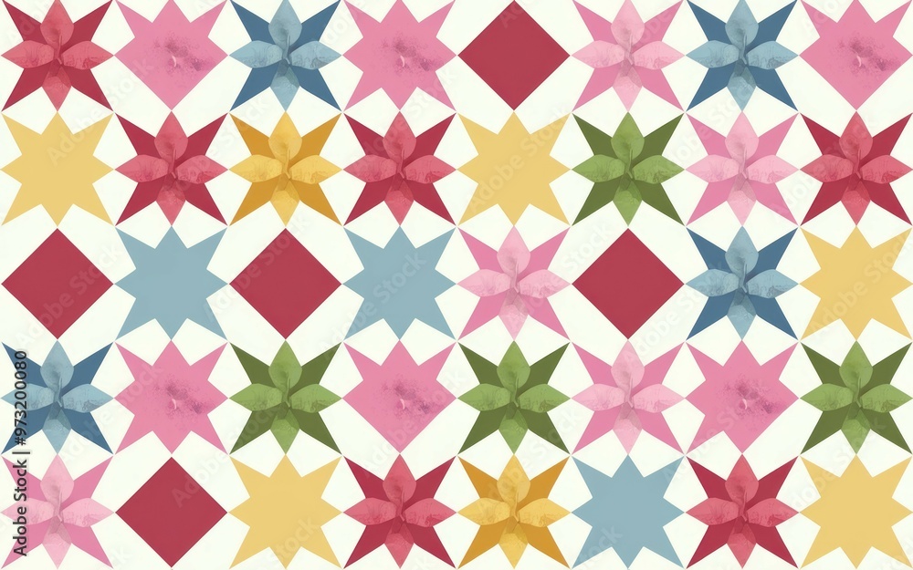 Poster colorful star pattern. watercolor painted stars in various colors form a repeating pattern on a whit