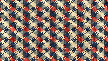 Obraz premium Dynamic geometric pattern with zigzag shapes in red, navy, and beige tones