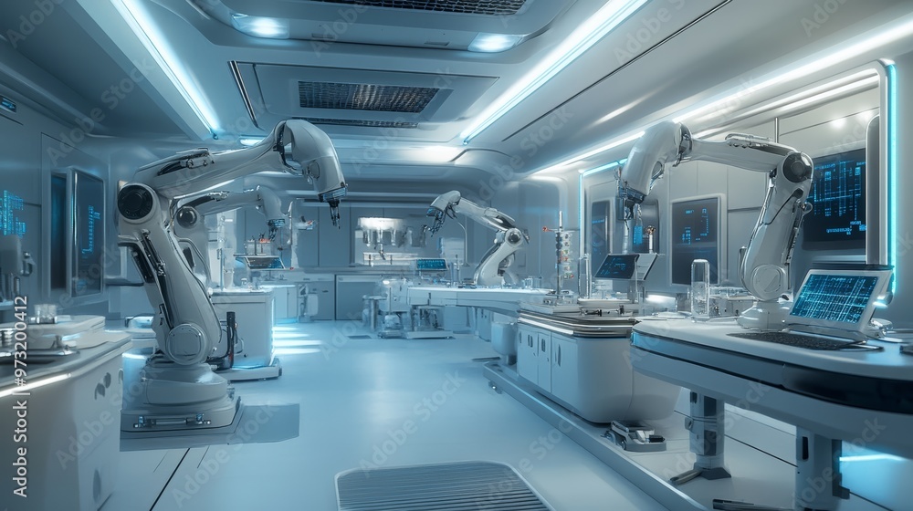 Poster spacious futuristic laboratory with multiple robotic arms conducting advanced medical research. perf
