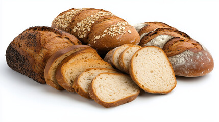 A variety of breads including whole-grain and sourdough isolated on white