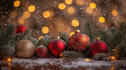 Christmas ornaments on snowy pine branches with warm lights and copy space