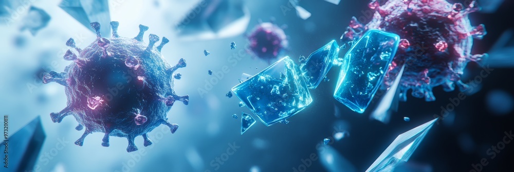 Poster virus particles and geometric glass shapes floating in space, symbolizing viral spread and mutation.