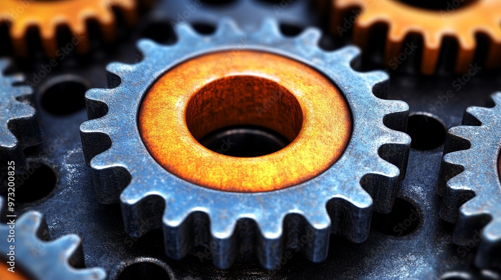 Poster a close-up view of interlocking gears showcasing intricate details and textures, symbolizing precisi