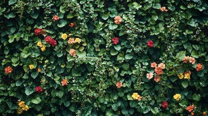 A wall covered with climbing vines and blooming flowers, forming a natural tapestry of greenery and color