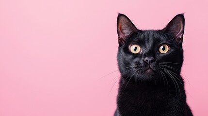 A black cat with striking yellow eyes poses against a soft pink background, showcasing its inquisitive nature and sleek features