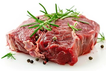 A piece of steak served with a sprig of fresh rosemary