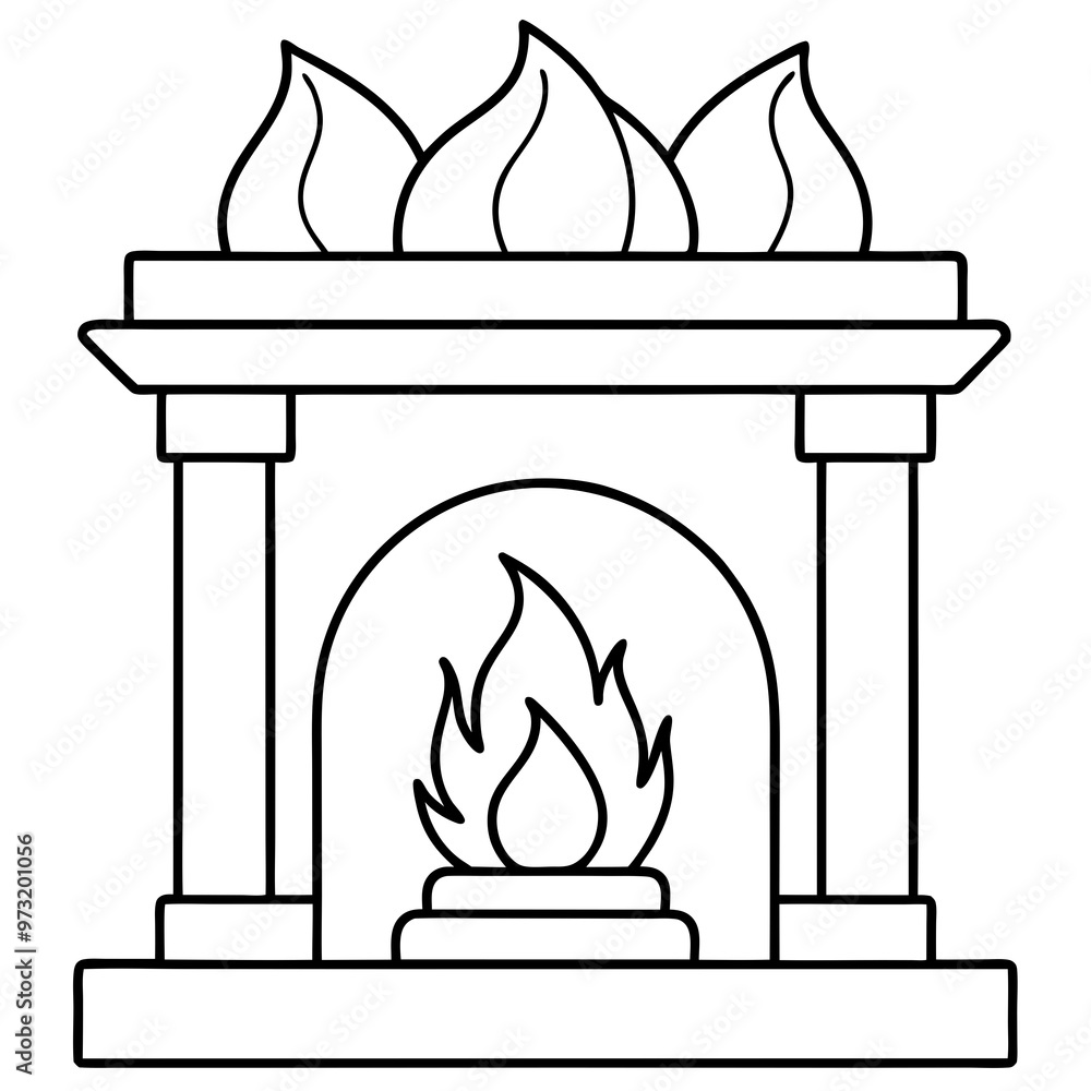 Wall mural line art drawing of a fireplace with fire