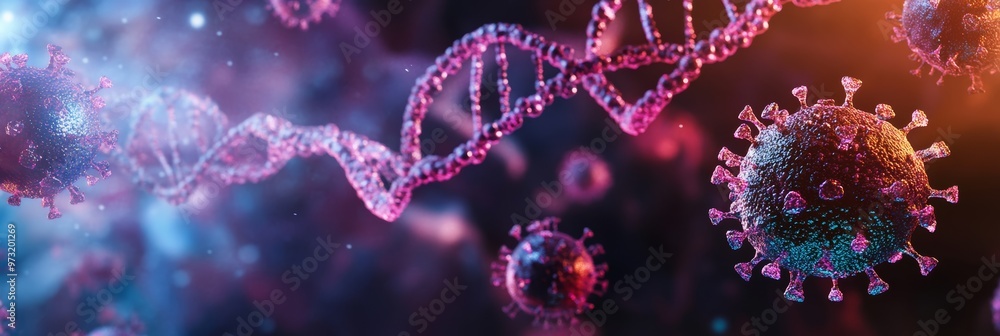 Poster Close-up of monkeypox virus particles with DNA strands in the background. Microscopic view of viral structure and mutation.