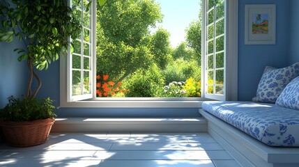 A cozy room with a blue color scheme featuring a window that opens to vibrant greenery and flowers outside, creating a serene atmosphere.