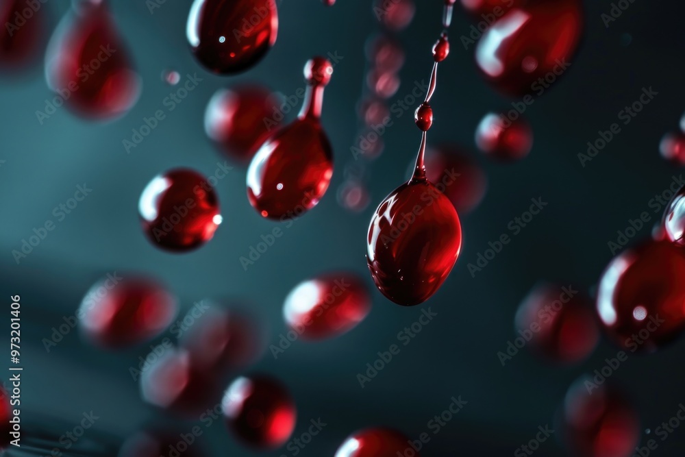 Poster a cluster of red balls suspended in the air, no visible strings or support