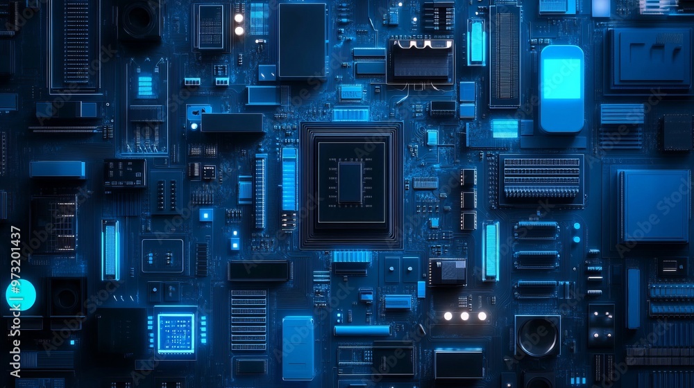 Poster advanced technology in blue on a dark backdrop. circuit boards, microchips, and processors. abstract