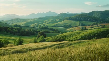 Obraz premium A serene scene featuring a lush green grassy field with majestic mountains as a backdrop