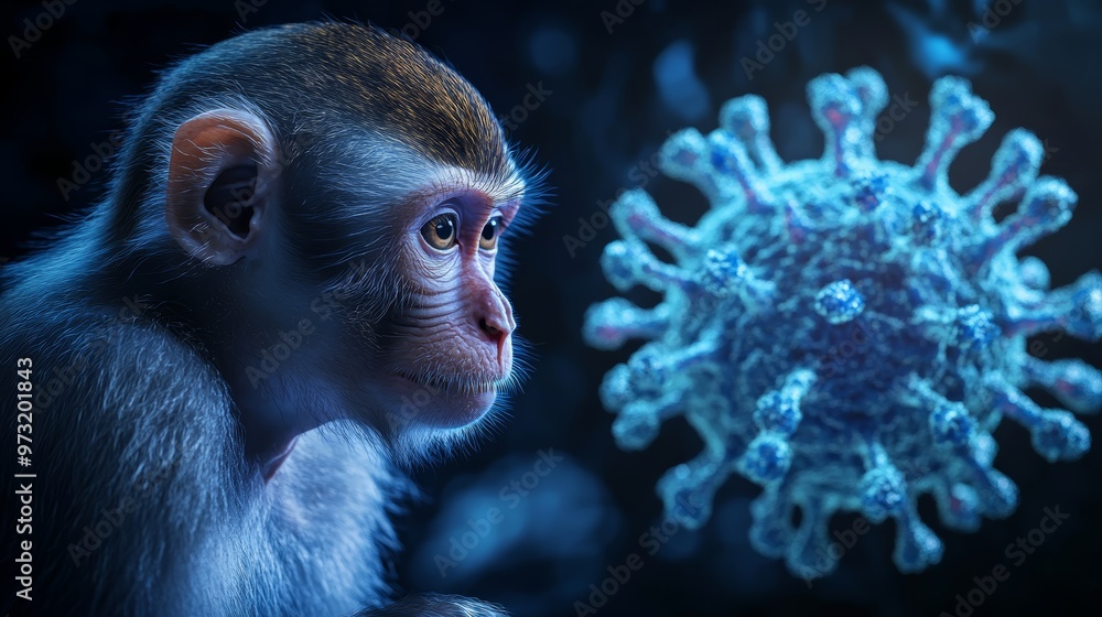 Poster young monkey next to a large glowing monkeypox virus particle. zoonotic disease and viral outbreaks 