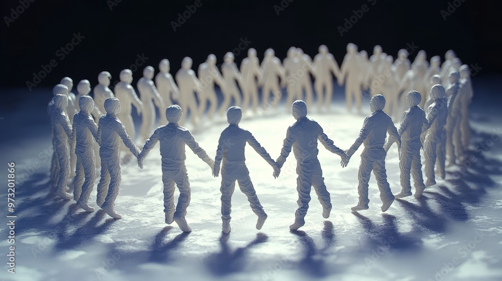 Poster a group of figurines holding hands in a circular formation, symbolizing unity and collaboration in a