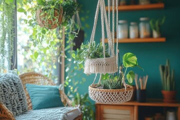 Obraz premium embodying a hippie vibe with macrame plant hangers and incense sticks, creating a tranquil ambiance in the room