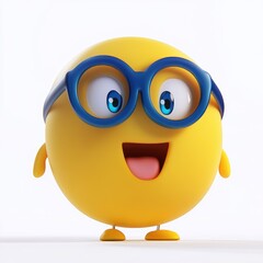 Cheerful cartoon character emoji  with glasses smiling brightly, showcasing joy and happiness in a playful design, perfect for children's animation or fun illustrations