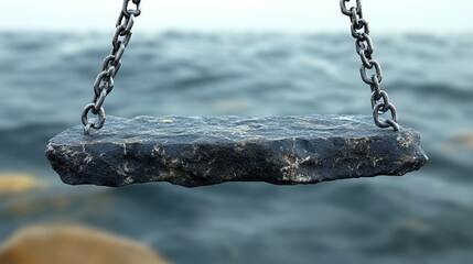 A heavy stone suspended by chains over a tranquil body of water, capturing a moment of balance in nature.