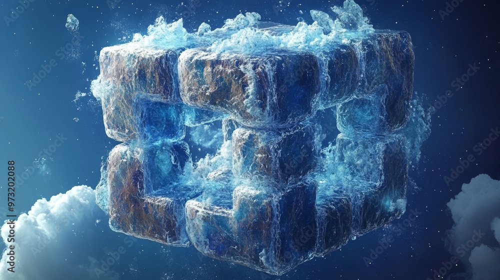Poster a mesmerizing 3d rendering of a water-filled cube, showcasing vivid details and dynamic splashes tha