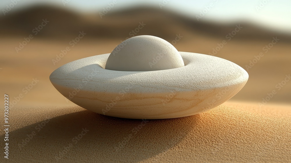 Poster a minimalist, abstract design of a saucer-like object with a central sphere, set against a sandy bac