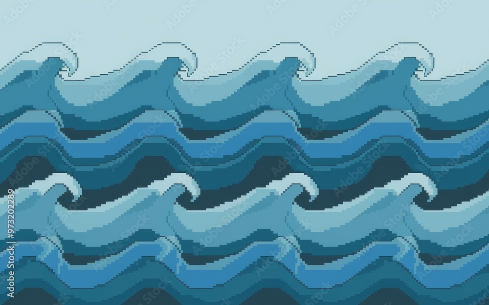 Poster pixel ocean waves. seamless pattern of pixelated blue ocean waves. perfect for backgrounds and desig