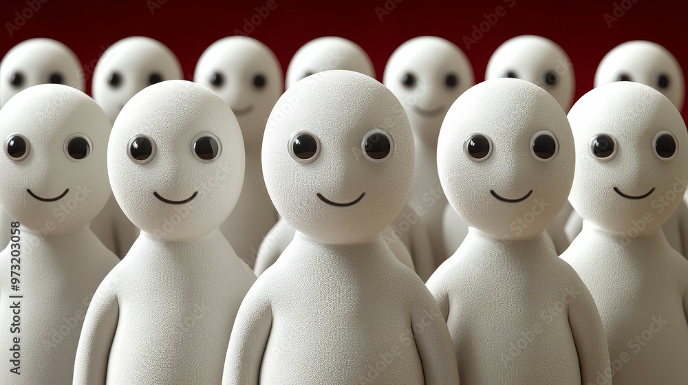 Poster a playful group of smiling figures with spherical heads, showcasing diversity and togetherness in a 