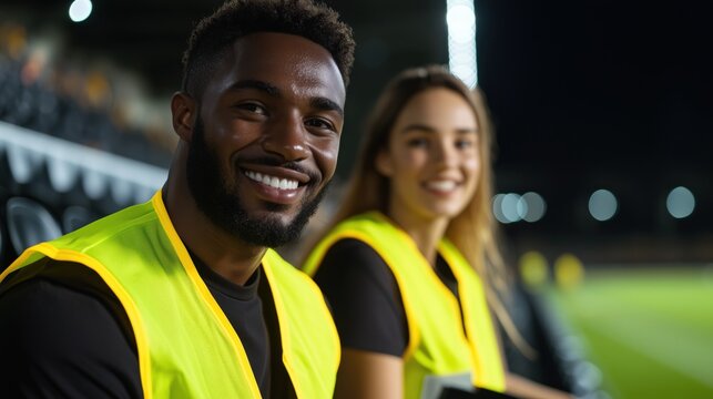 Young smiling people in yellow vests at nighttime event for spring campaign