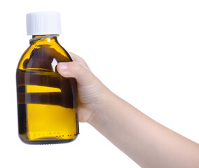 Plastic bottle syrup medicine medical with cap in baby hand on white background isolation