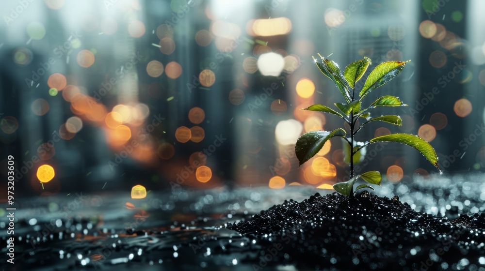 Poster glowing tree sprouting in an urban environment representing tech progress close-up photo with clean 