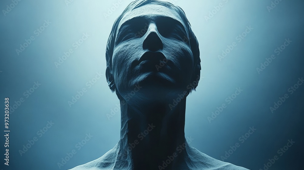 Poster a serene figure with a contemplative expression, illuminated by soft blue light, creating a sense of
