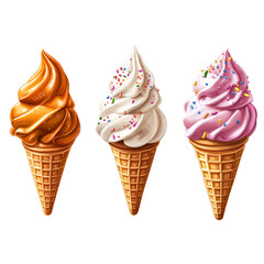 illustration of  Ice Cream Cones in Vanilla, Caramel, and Strawberry Flavors on transparent background. Png file.
