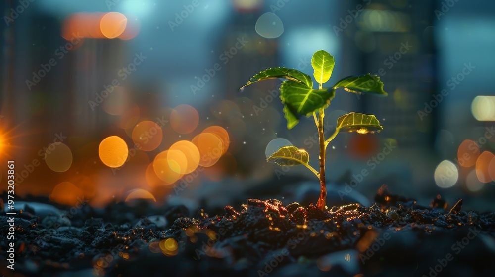 Poster glowing tree sprouting in an urban environment representing tech progress close-up photo with clean 