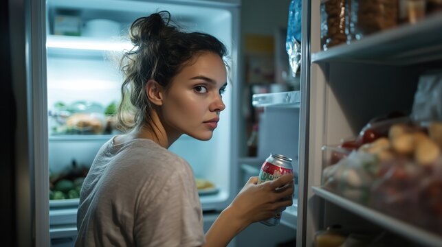 Evening fridge search: woman with beverage amid fresh produce , binge eating, night hunger