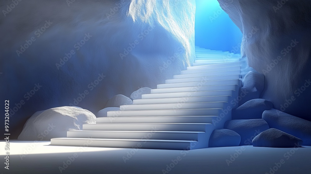 Poster a serene staircase leading from a mysterious cave, illuminated by soft, blue light, creating a tranq