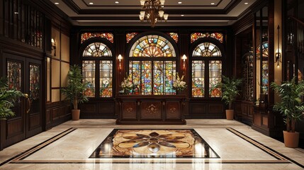 Fototapeta premium An interior design concept for a boutique hotel lobby, featuring stained glass windows, ornate woodwork, and floral decorations in the Art Nouveau style