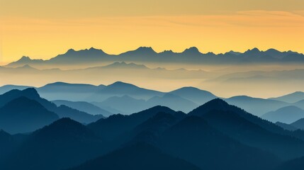 Obraz premium Golden light bathing mountain silhouettes at sunrise, clear horizon Close-up photo with clean background