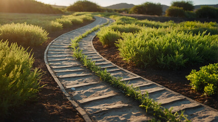 Conceptual Image of a Curved Path in a Field at Sunset