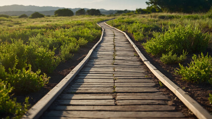 Conceptual Image of a Wooden Path in a Green Field